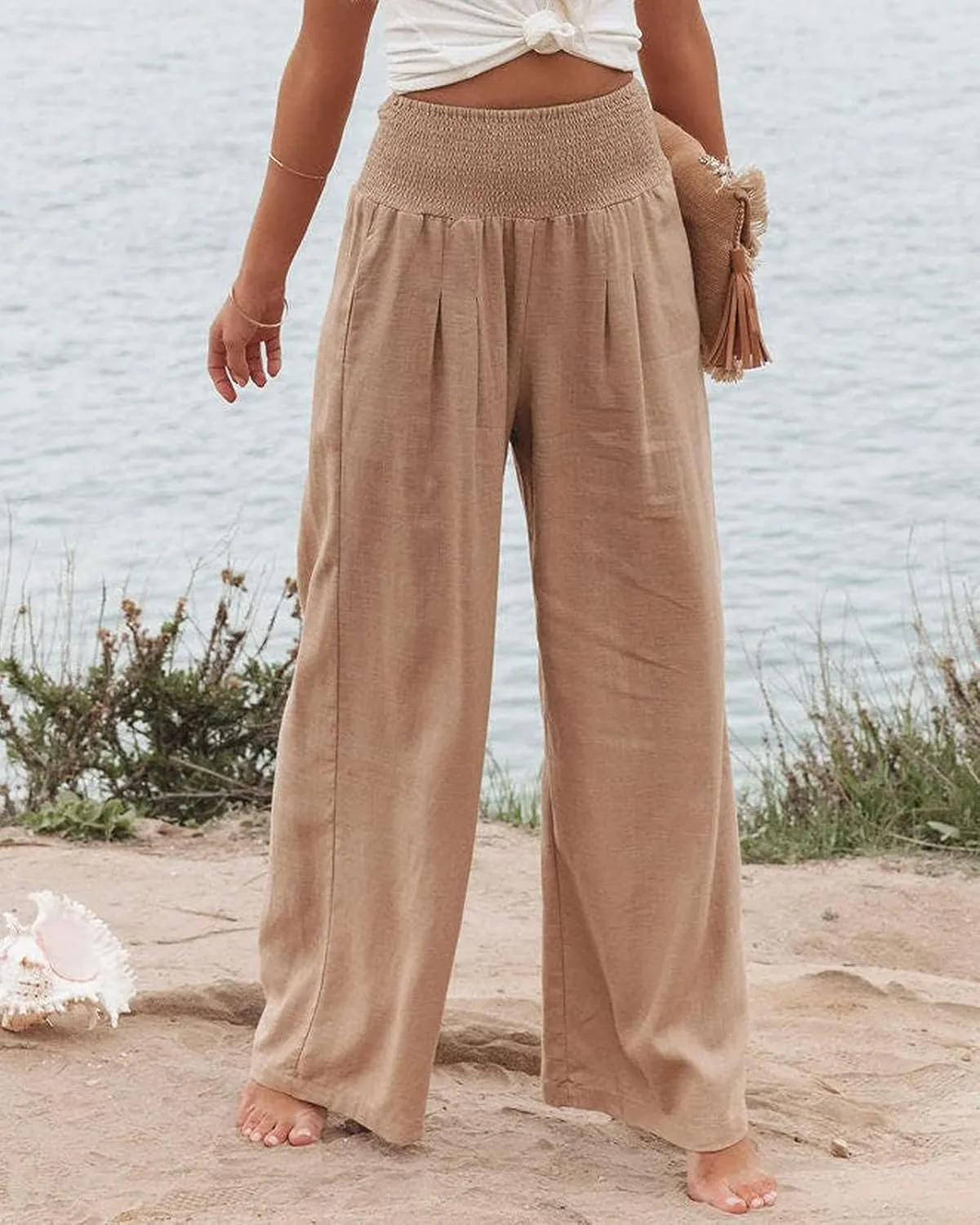 Women Linen Pants Elastic High Waist Wide Leg Palazzo Lounge Pants Casual Loose Beach Pants with Pockets