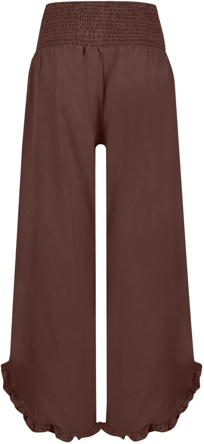 Women Linen Pants Loose Fit Flowy Boho Ruffles Wide Leg Summer Pants Breathable Travel Quick Dry Pant with Pockets