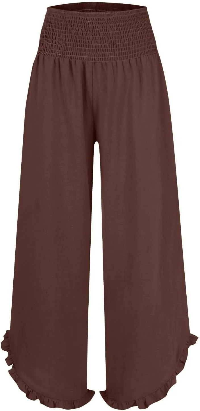 Women Linen Pants Loose Fit Flowy Boho Ruffles Wide Leg Summer Pants Breathable Travel Quick Dry Pant with Pockets