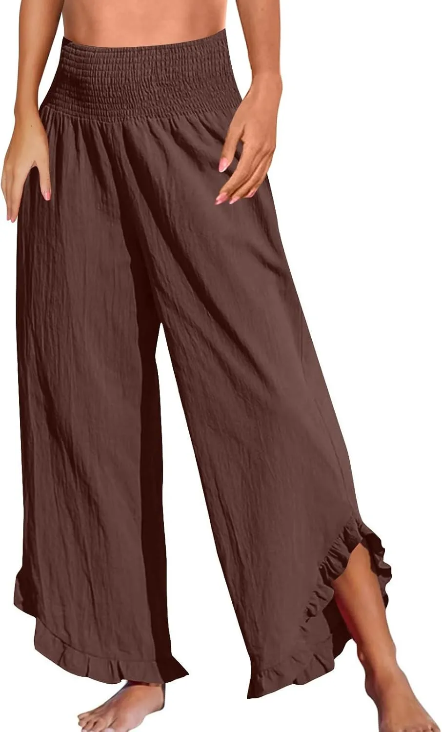 Women Linen Pants Loose Fit Flowy Boho Ruffles Wide Leg Summer Pants Breathable Travel Quick Dry Pant with Pockets