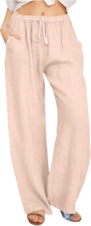 Women Linen Pants Lounge Casual Cotton Linen Summer Palazzo Pants Loose Flowy Wide Leg Beach Trousers with Pockets