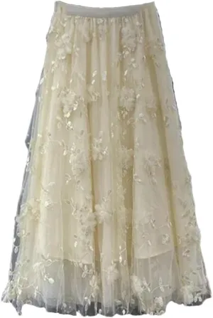 Women Mesh Patchwork Floral Female Long Skirt Ladies High Waist Pleated A-Line Swing Midi Skirts