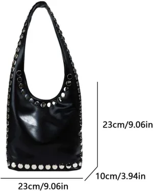 Women Rivet Bucket Handbag PU Leather Retro Underarm Bag Metal Stud Bag (Black)