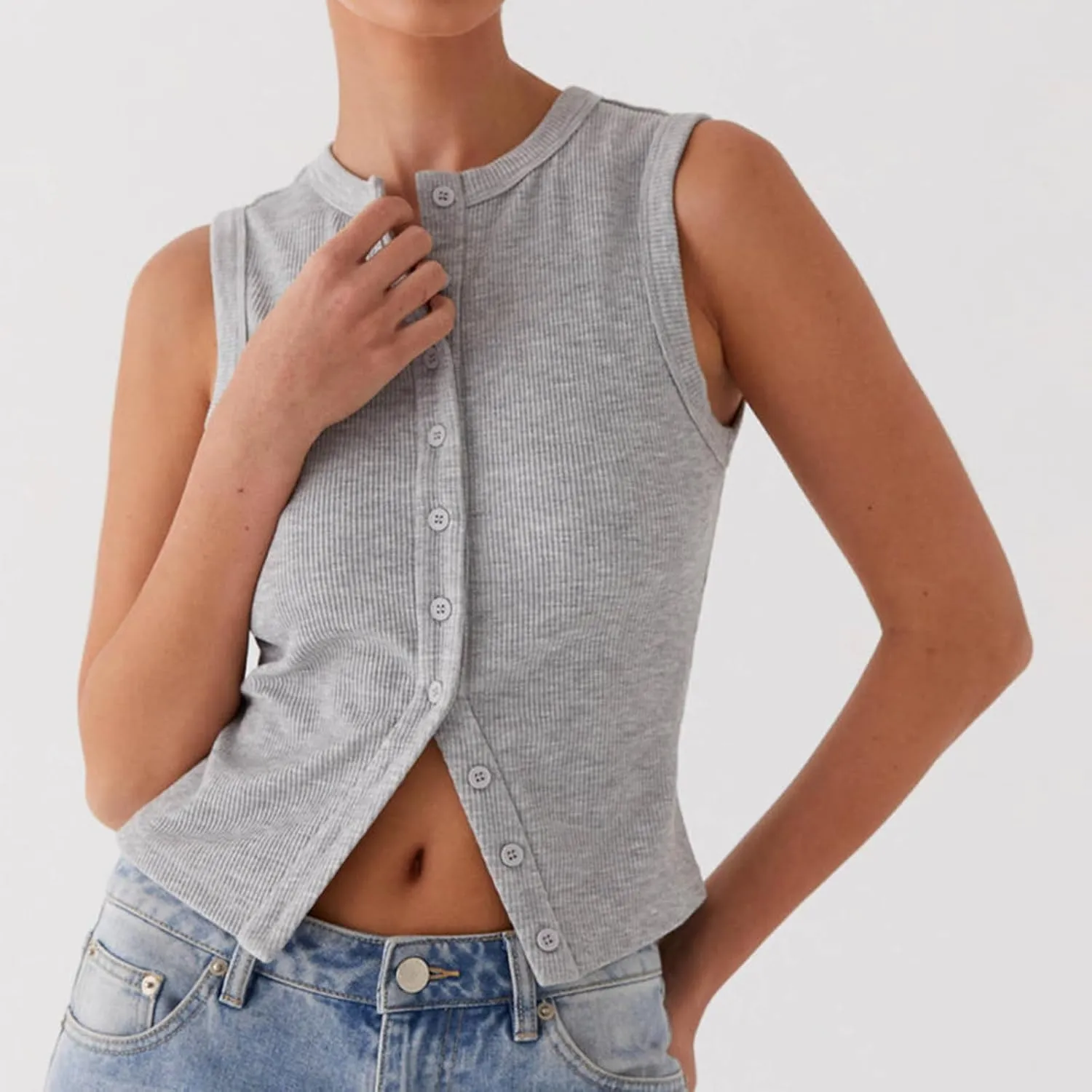 Women Sleeveless Cardigan Vest Crewneck Open Front Button Down Crop Tank Tops Casual Y2k Slim Fit Top Shirt