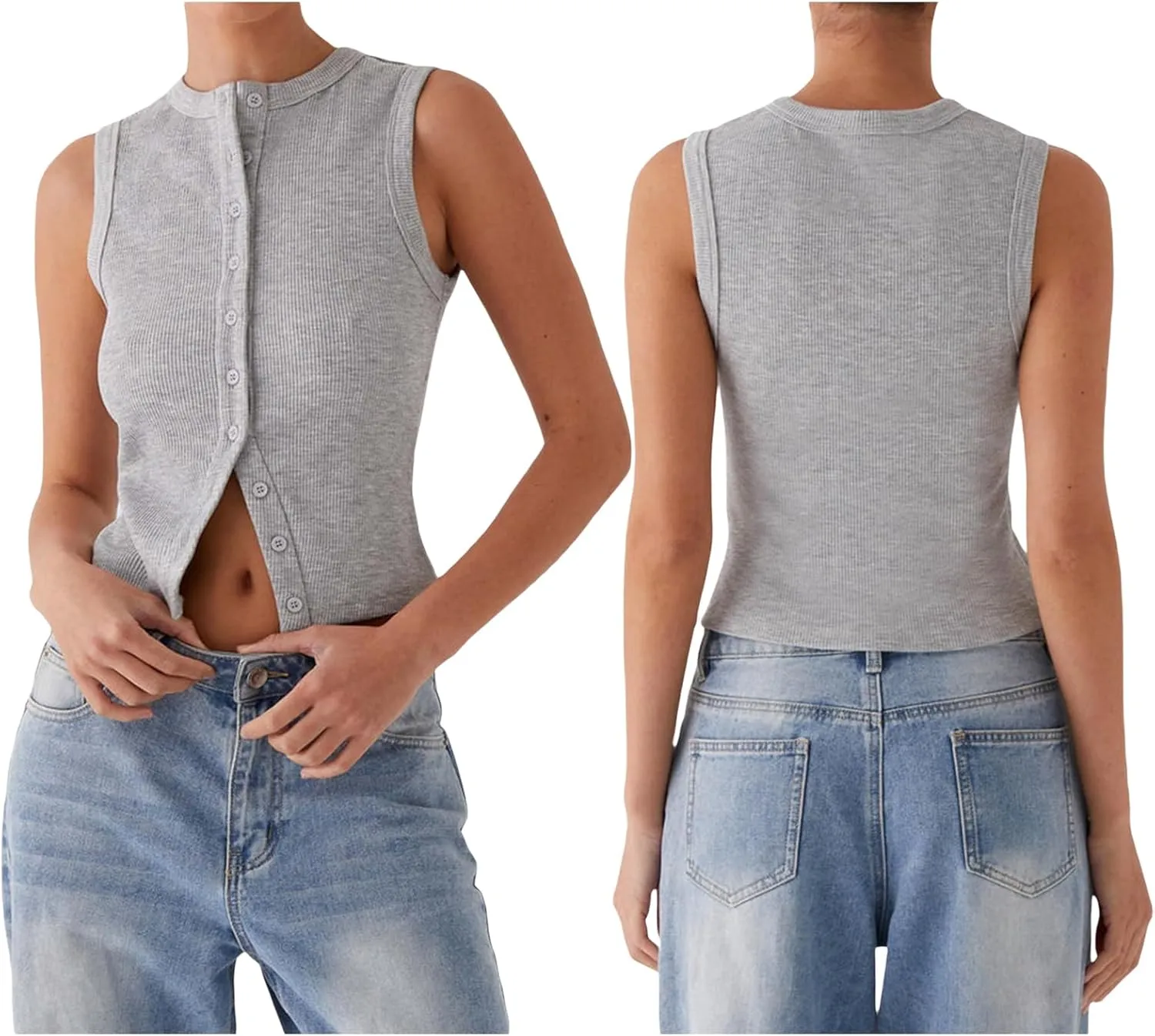 Women Sleeveless Cardigan Vest Crewneck Open Front Button Down Crop Tank Tops Casual Y2k Slim Fit Top Shirt