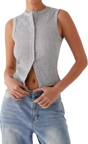 Women Sleeveless Cardigan Vest Crewneck Open Front Button Down Crop Tank Tops Casual Y2k Slim Fit Top Shirt