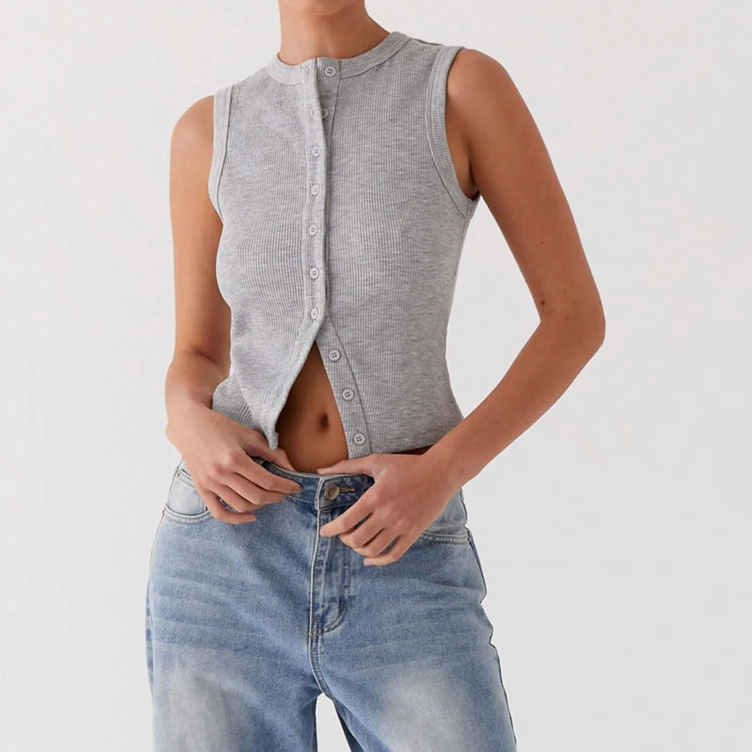 Women Sleeveless Cardigan Vest Crewneck Open Front Button Down Crop Tank Tops Casual Y2k Slim Fit Top Shirt