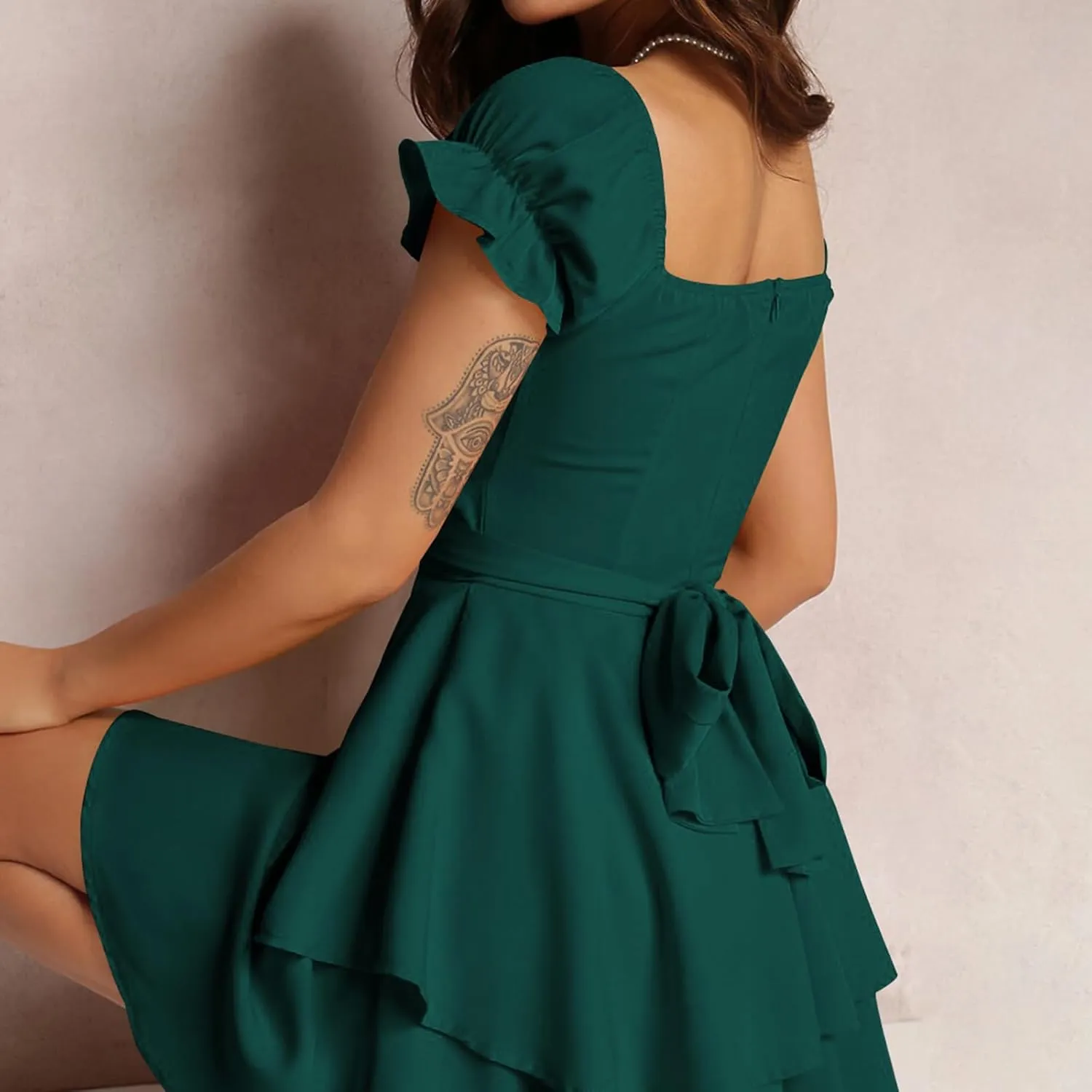 Women Summer Boho Ruffle Short Dress Square Neck Layered Flowy Swing Solid Color Casaul Sun Beach Mini Dresses