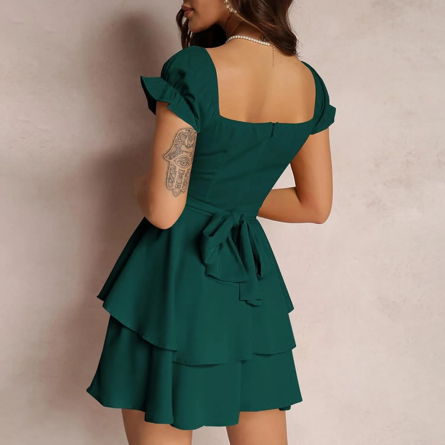 Women Summer Boho Ruffle Short Dress Square Neck Layered Flowy Swing Solid Color Casaul Sun Beach Mini Dresses