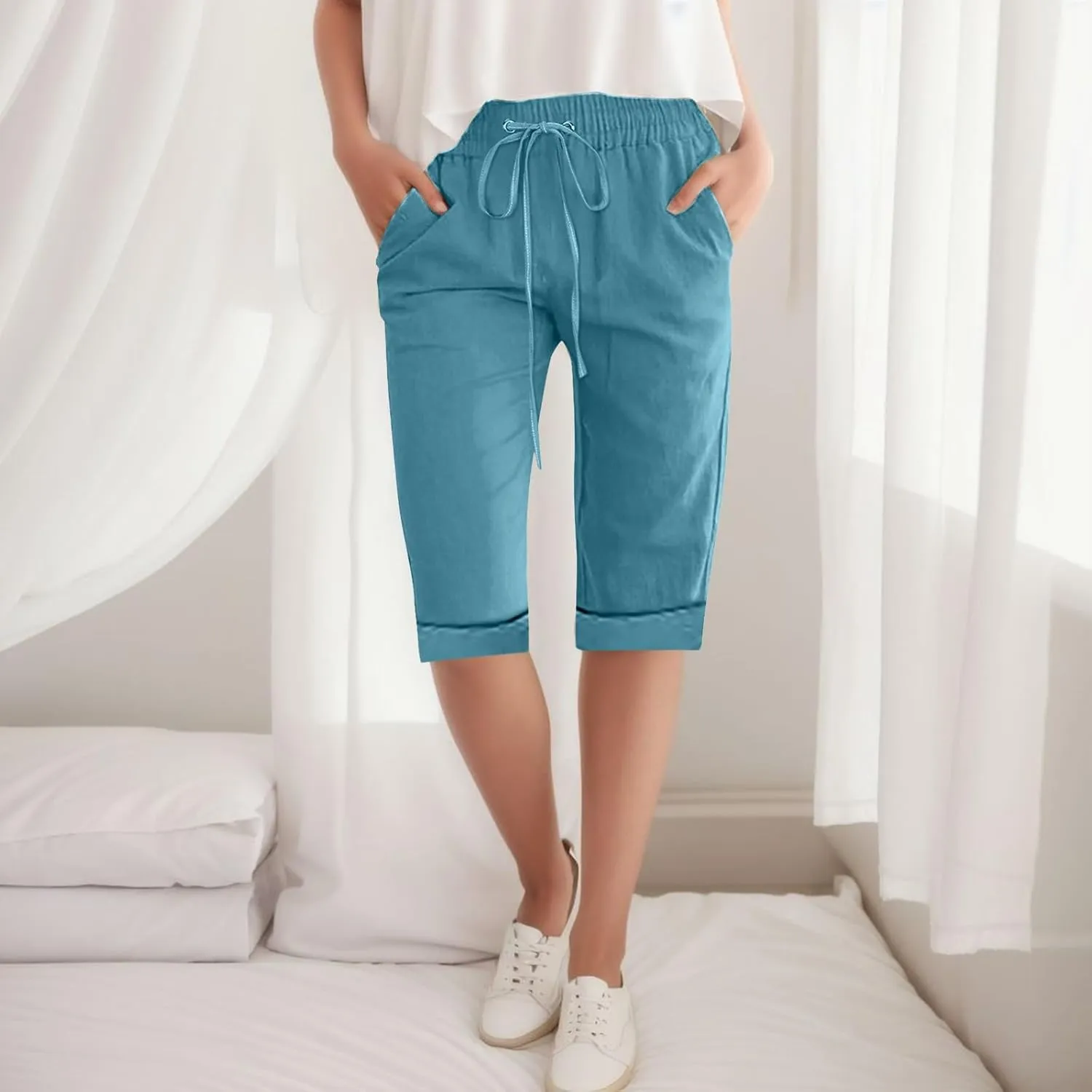 Women Wide Leg Cotton and Linen Pants 2025 Summer High Waist Palazzo Pants Jogger Pleated Trouser with Pocket