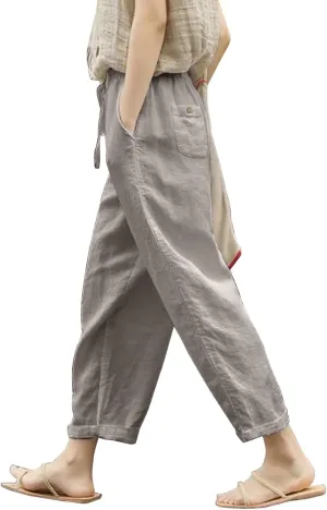 Women Wide Leg Cotton and Linen Pants 2025 Summer High Waist Palazzo Pants Jogger Pleated Trouser with Pocket