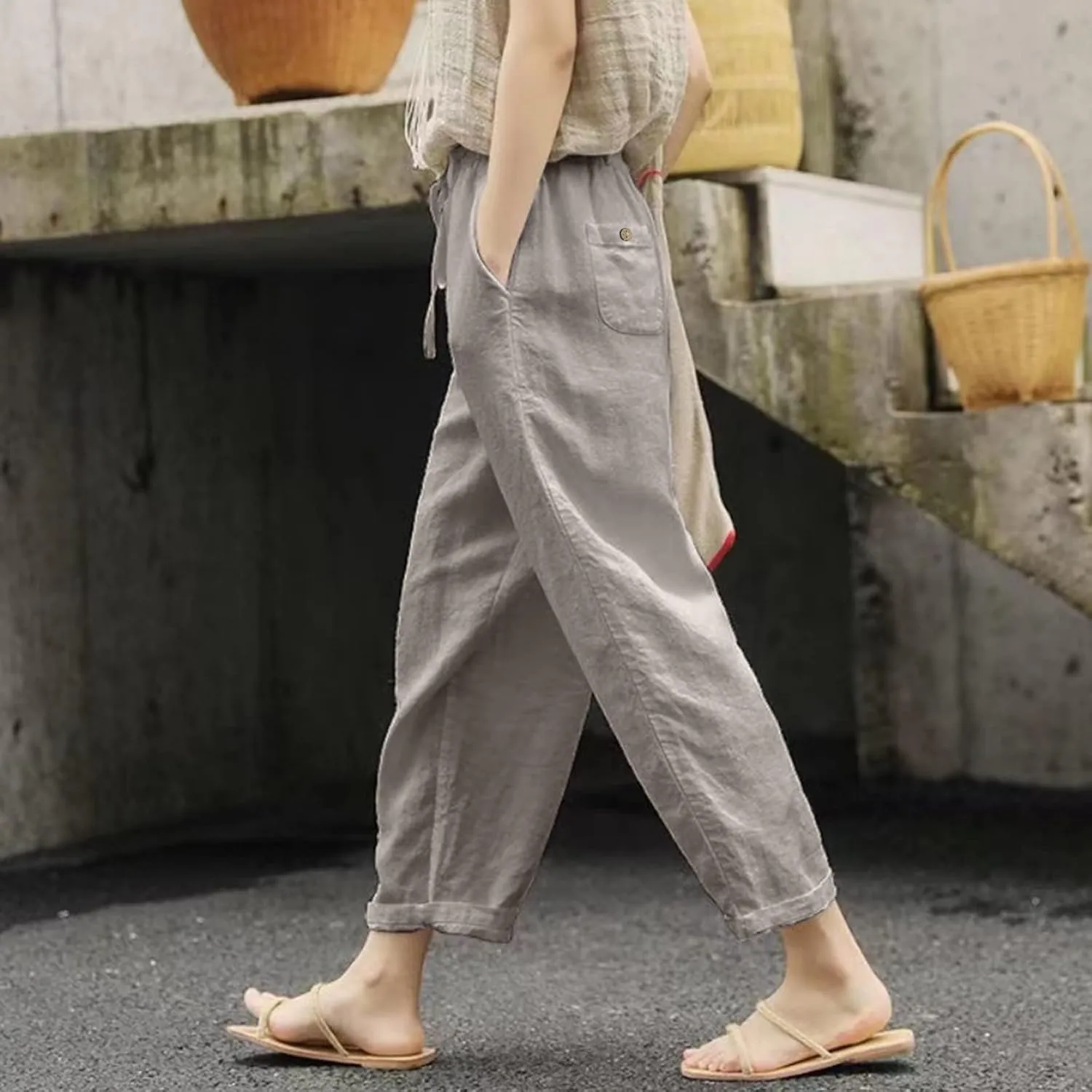 Women Wide Leg Cotton and Linen Pants 2025 Summer High Waist Palazzo Pants Jogger Pleated Trouser with Pocket