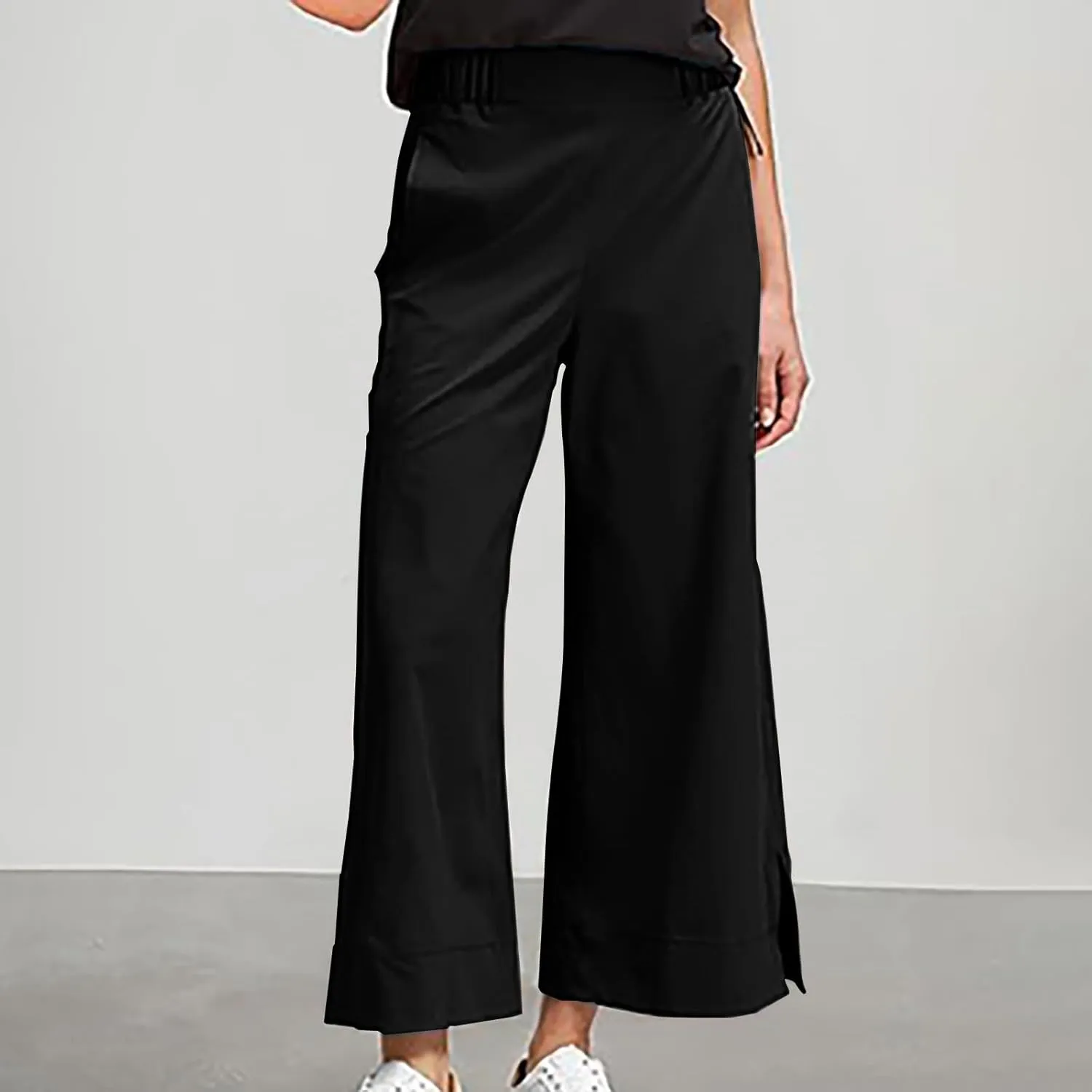 Women Wide Leg Cotton Linen Pants Elastic High Waisted Side Slit Boho Trousers with Pocekts Business Casual Outfits