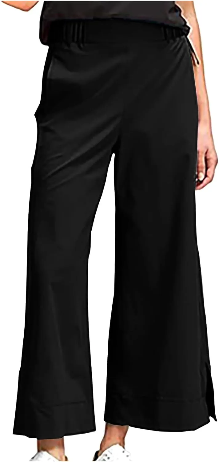 Women Wide Leg Cotton Linen Pants Elastic High Waisted Side Slit Boho Trousers with Pocekts Business Casual Outfits