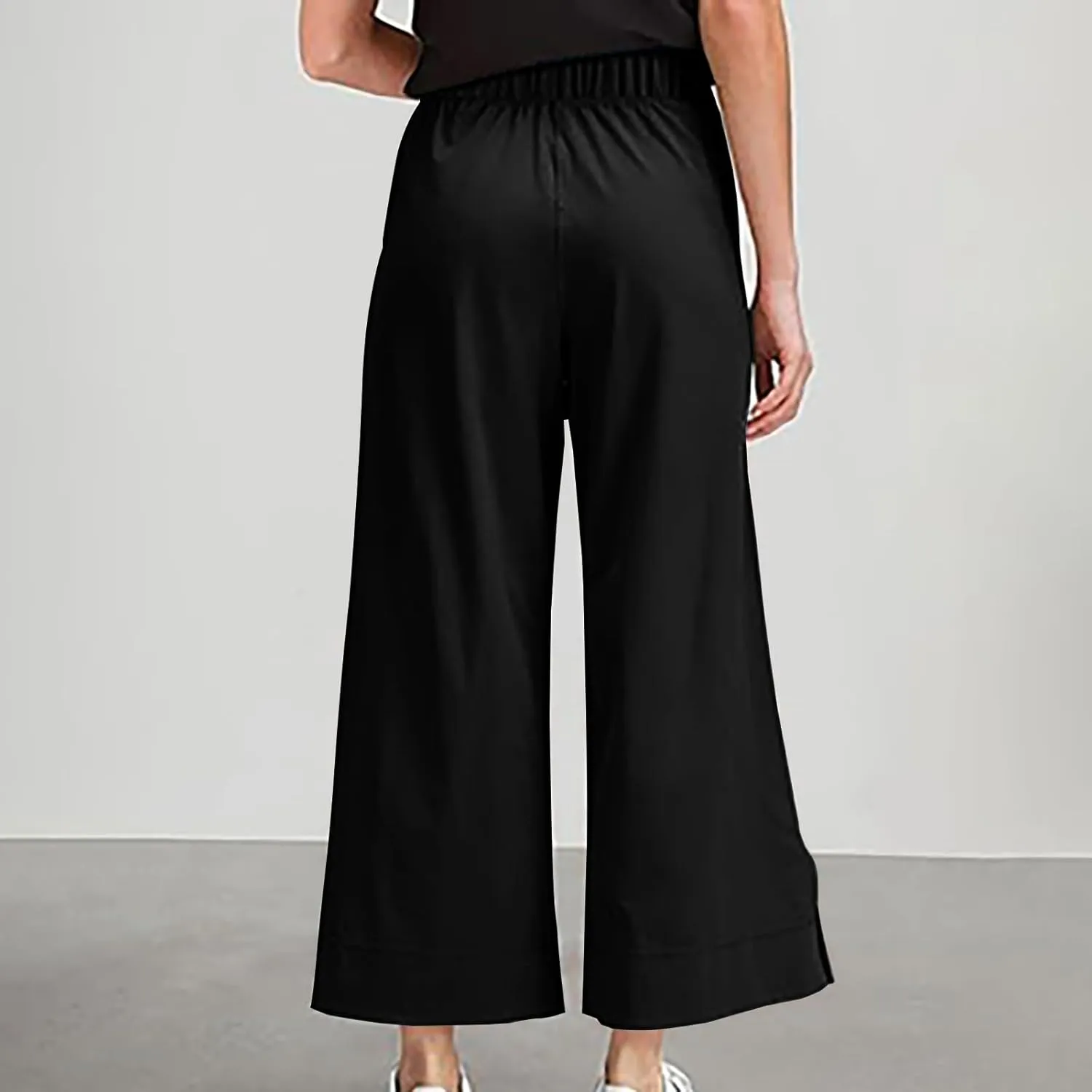 Women Wide Leg Cotton Linen Pants Elastic High Waisted Side Slit Boho Trousers with Pocekts Business Casual Outfits