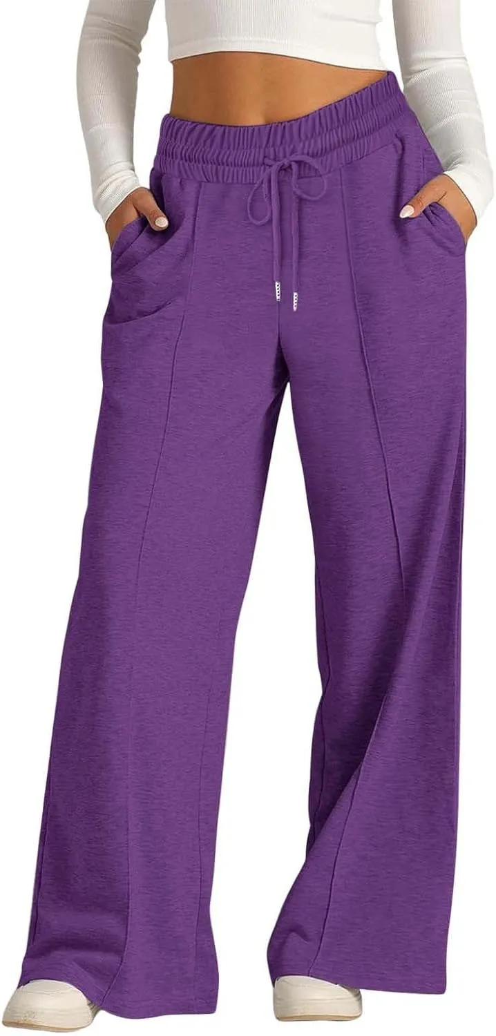 Women Wide Leg Sweatpant High Waist Cotton Baggy Casual Drawstring Waist Running Joggers Pants with Pockets