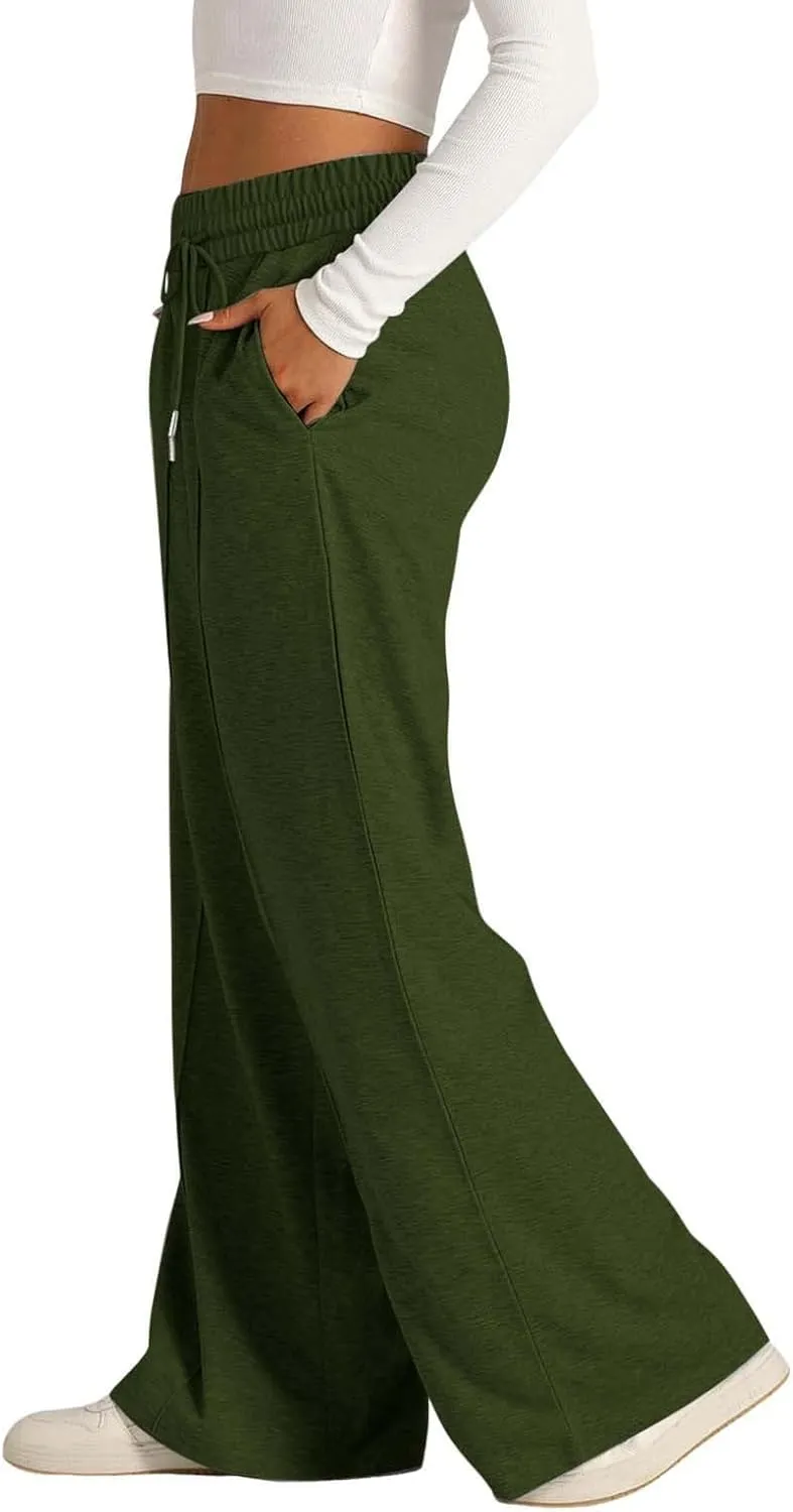 Women Wide Leg Sweatpant High Waist Cotton Baggy Casual Drawstring Waist Running Joggers Pants with Pockets