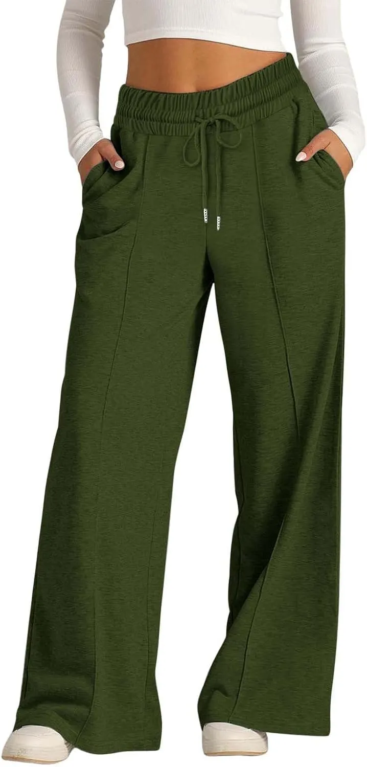 Women Wide Leg Sweatpant High Waist Cotton Baggy Casual Drawstring Waist Running Joggers Pants with Pockets