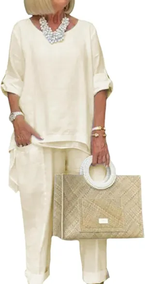 Womens 2 Piece Linen Pants Suit Casual Loose Outfit Long Sleeve Top Shirts Sets Wide Leg Trousers