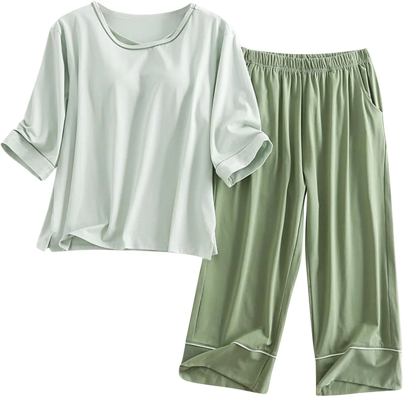 Women's 2 Piece Pajama Set with Built-in Bra Comfy Summer Loungewear Short Sleeve Top and Capris Pants Soft Sleepwear