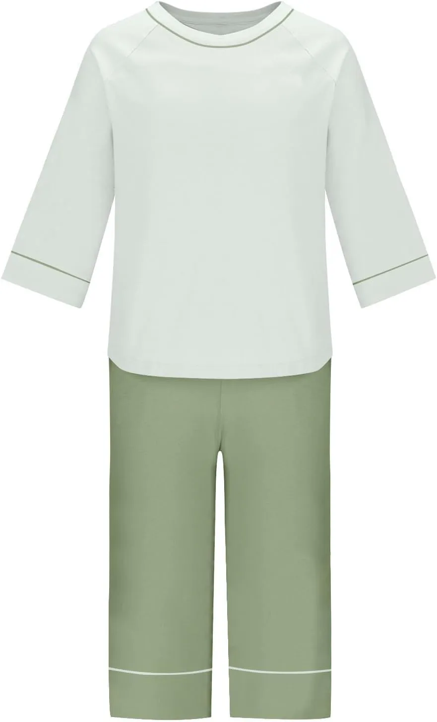 Women's 2 Piece Pajama Set with Built-in Bra Comfy Summer Loungewear Short Sleeve Top and Capris Pants Soft Sleepwear