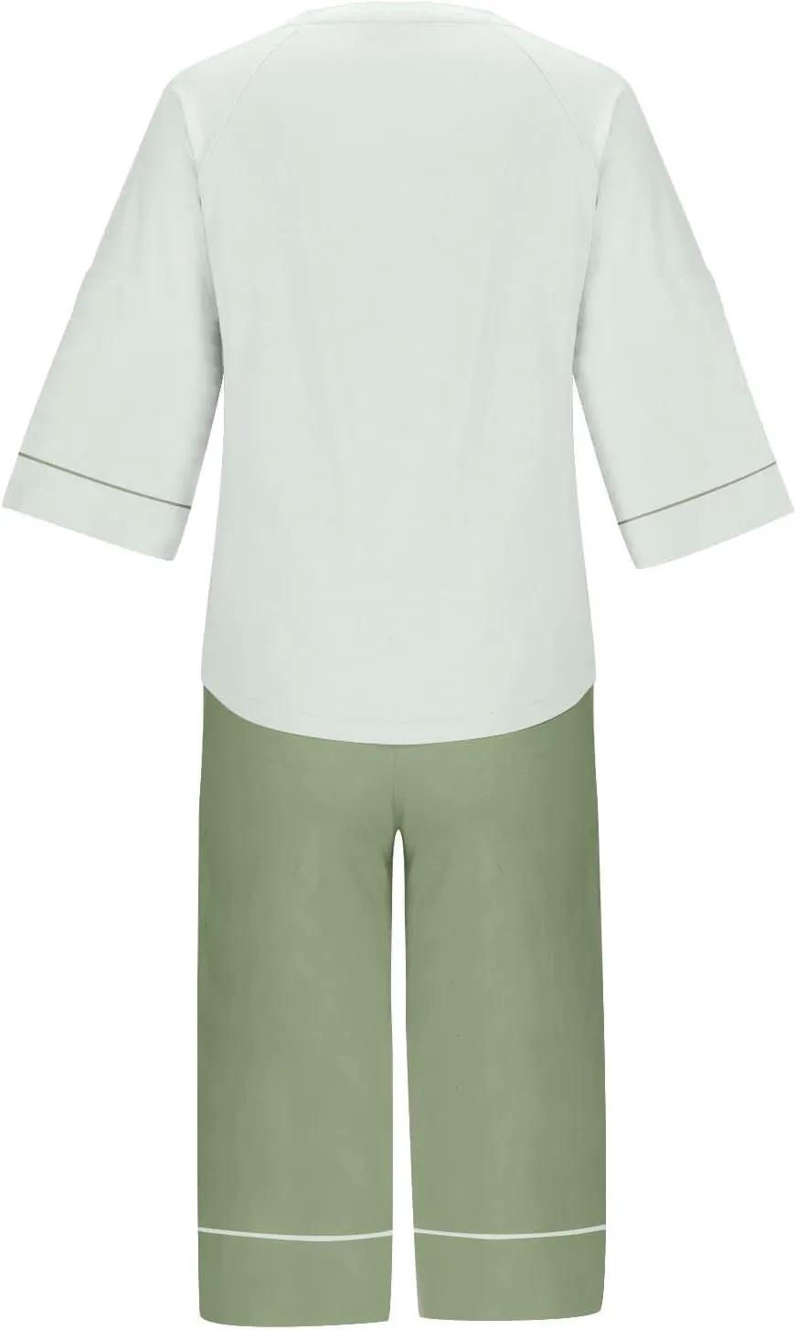 Women's 2 Piece Pajama Set with Built-in Bra Comfy Summer Loungewear Short Sleeve Top and Capris Pants Soft Sleepwear
