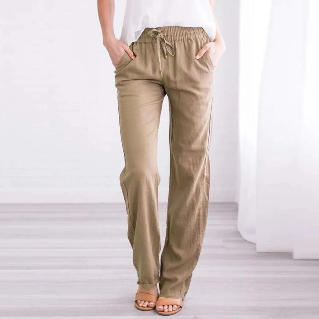 Womens 2025 Casual Linen High Waist Pants Drawstring Loose Fit Summer Pants Beach Straight Leg Trousers with Pockets