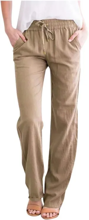 Womens 2025 Casual Linen High Waist Pants Drawstring Loose Fit Summer Pants Beach Straight Leg Trousers with Pockets