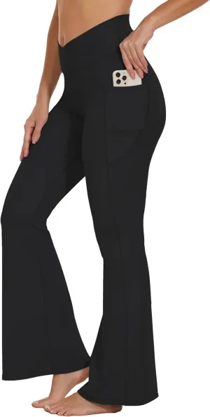 Womens 28"/30"/32"/34" Flare Crossover Leggings with Tummy Control, High Waist Wide Leg Yoga Pants with Pockets