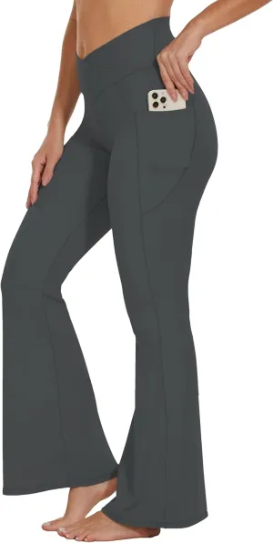 Womens 28"/30"/32"/34" Flare Crossover Leggings with Tummy Control, High Waist Wide Leg Yoga Pants with Pockets
