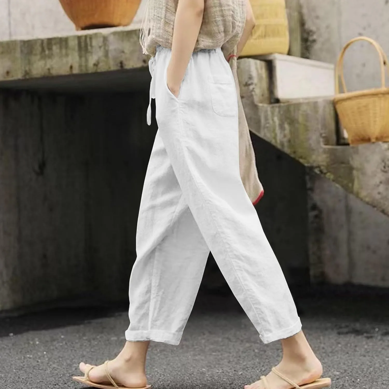 Womens Beach Pants Linen Casual High Waisted Elastic Drawstring Trousers Cotton Straight Leg Loose Summer Bottoms