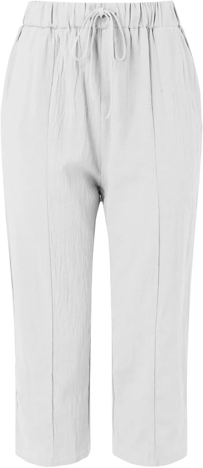 Womens Beach Pants Linen Casual High Waisted Elastic Drawstring Trousers Cotton Straight Leg Loose Summer Bottoms