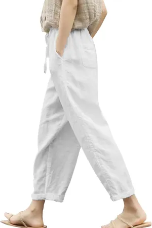 Womens Beach Pants Linen Casual High Waisted Elastic Drawstring Trousers Cotton Straight Leg Loose Summer Bottoms