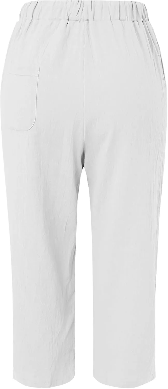 Womens Beach Pants Linen Casual High Waisted Elastic Drawstring Trousers Cotton Straight Leg Loose Summer Bottoms