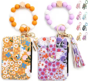 Women's Beaded Wallet & Tassel Decorated Keychain Wallets, 2 Pcs Womens Bracelet & Style Beaded Wristlet Wallet Pouch with Floral Fruit Pattern, Card Cases & Small Money Organizers (A)
