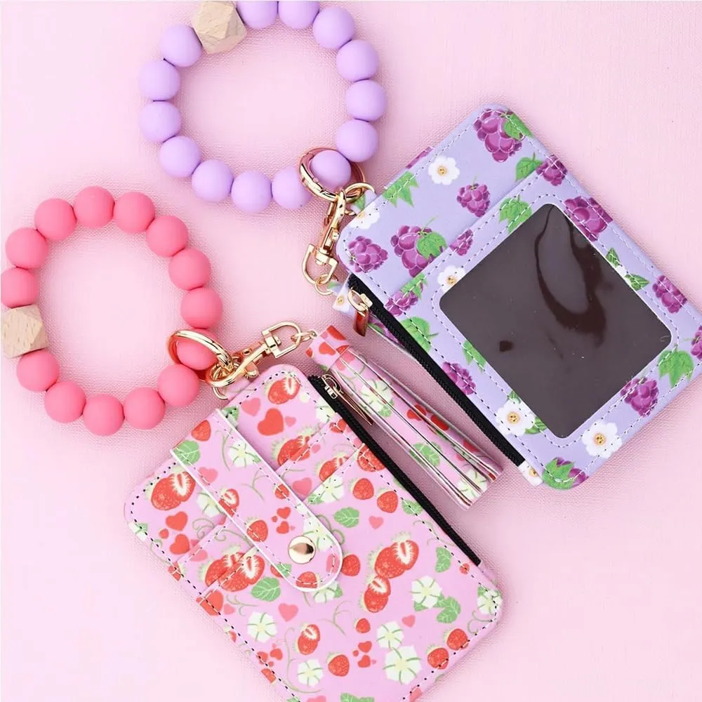 Women's Beaded Wallet & Tassel Decorated Keychain Wallets, 2 Pcs Womens Bracelet & Style Beaded Wristlet Wallet Pouch with Floral Fruit Pattern, Card Cases & Small Money Organizers (D)