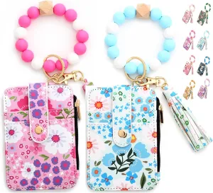 Women's Beaded Wallet & Tassel Decorated Keychain Wallets, 2 Pcs Womens Bracelet & Style Beaded Wristlet Wallet Pouch with Floral Fruit Pattern, Card Cases & Small Money Organizers (D)