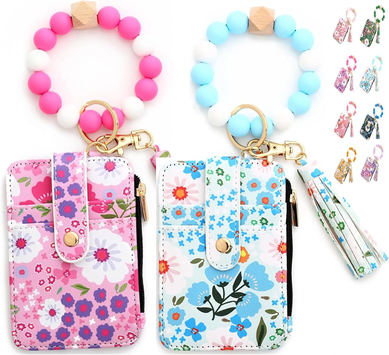 Women's Beaded Wallet & Tassel Decorated Keychain Wallets, 2 Pcs Womens Bracelet & Style Beaded Wristlet Wallet Pouch with Floral Fruit Pattern, Card Cases & Small Money Organizers (D)