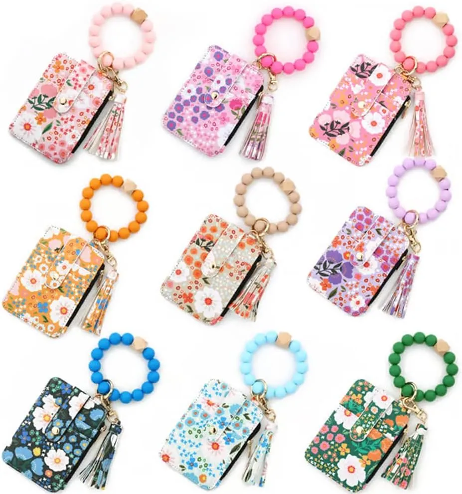 Women's Beaded Wallet & Tassel Decorated Keychain Wallets, 2 Pcs Womens Bracelet & Style Beaded Wristlet Wallet Pouch with Floral Fruit Pattern, Card Cases & Small Money Organizers (D)