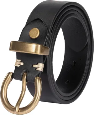 Womens Belt for Jeans Genuine Leather Belt Vintage Solid Brass Circle buckle Gift Box Packaging