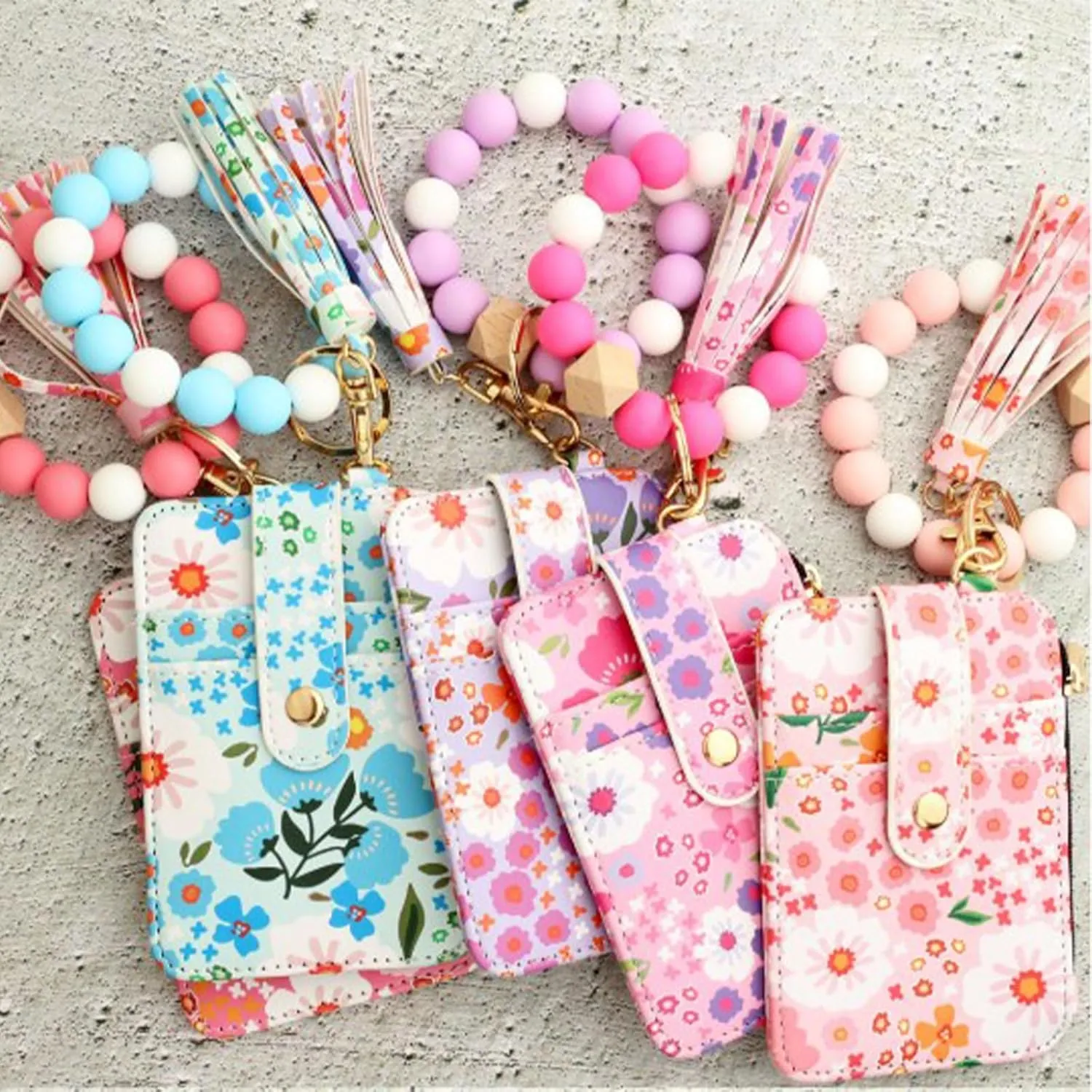 Women's Boho Beaded Wallet, Wristlet Wallet Keychain With Beaded Tassel Flower Pattern (Green)