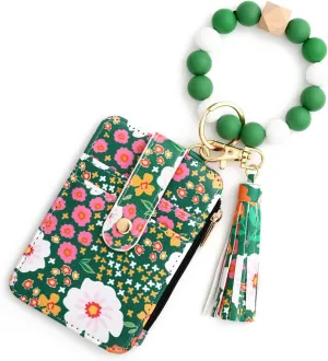 Women's Boho Beaded Wallet, Wristlet Wallet Keychain With Beaded Tassel Flower Pattern (Green)