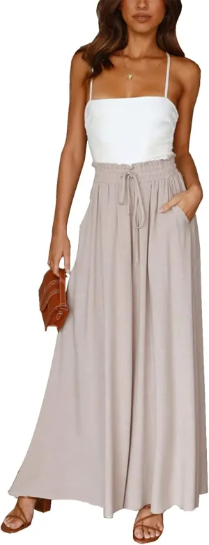 Women's Boho Casual Wide Leg Flowy Pants Elastic High Waist Loose Comfy Yoga Athletic Lounge Trousers with Pockets