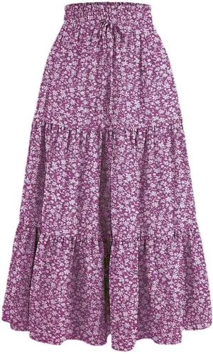 Women's Boho Vintage Floral Print Maxi Skirt Elastic High Waist Pleated Flowy A Line Long Skirts