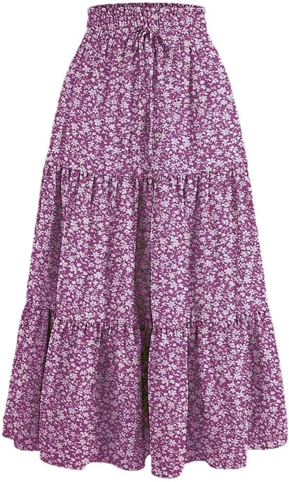Women's Boho Vintage Floral Print Maxi Skirt Elastic High Waist Pleated Flowy A Line Long Skirts