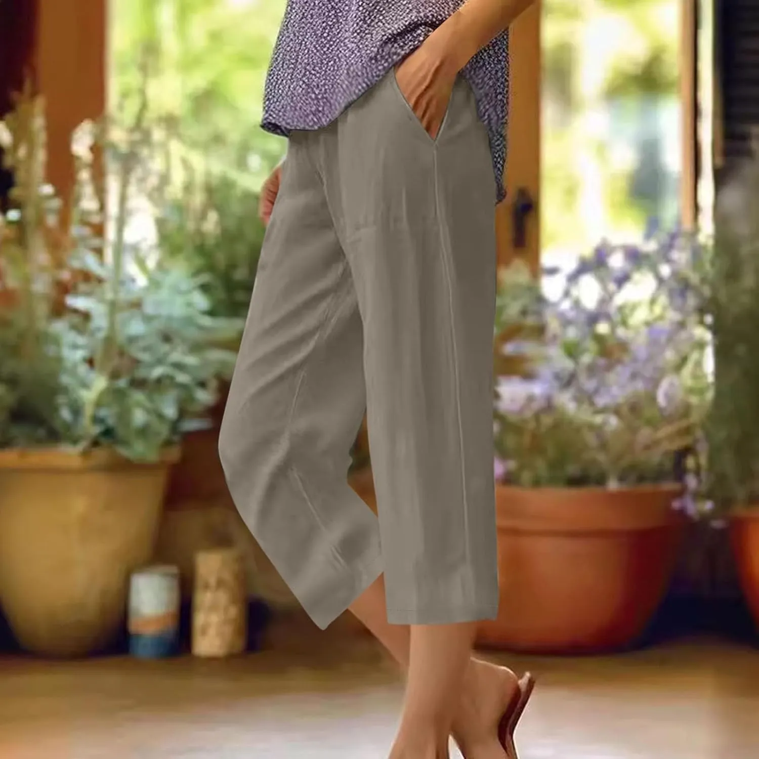 Women's Casual Cotton Linen Capri Pants Boho Solid Elastic Waisted Drawstring Summer Spring Beach Baggy Capri