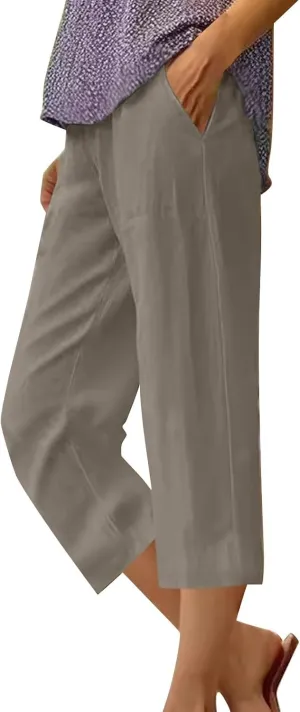 Women's Casual Cotton Linen Capri Pants Boho Solid Elastic Waisted Drawstring Summer Spring Beach Baggy Capri