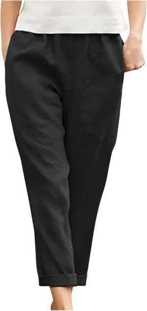 Women's Casual Cotton Linen Pants Tapered Capri Cargo Pants Loose Elastic Waist Ankle Cropped Trousers with Pockets