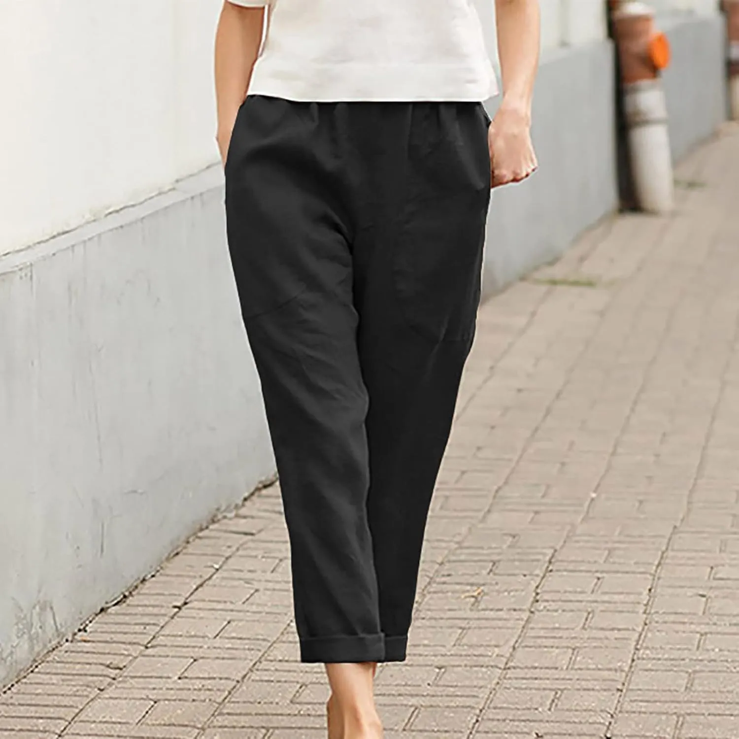 Women's Casual Cotton Linen Pants Tapered Capri Cargo Pants Loose Elastic Waist Ankle Cropped Trousers with Pockets