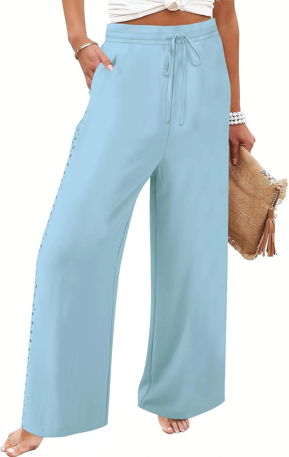 Womens Casual Cotton Linen Pants Trendy Drawstring Side Hollow Trousers Summer Vacation Lounge Travel Outfits 2025